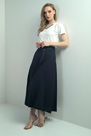 Kadın Bel Aksesuarlı Keten Efekt Parçalı Salaş Uzun Etek