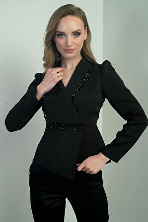 Kadın Yaka Boncuk İşlemeli Şal Yaka Arka Fermuarlı Omzu Büzgülü Ceket