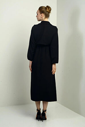 Kadın Düğmeli Çıkma Yelekli Beli Lastikli Uzun Kollu Midi Elbise