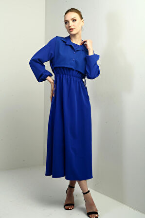 Kadın Düğmeli Çıkma Yelekli Beli Lastikli Uzun Kollu Midi Elbise