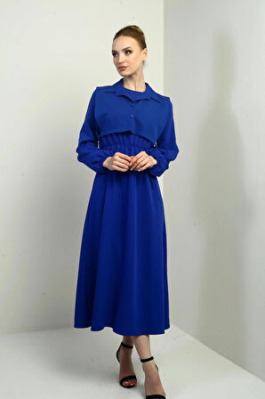 Kadın Düğmeli Çıkma Yelekli Beli Lastikli Uzun Kollu Midi Elbise