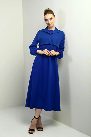 Kadın Düğmeli Çıkma Yelekli Beli Lastikli Uzun Kollu Midi Elbise