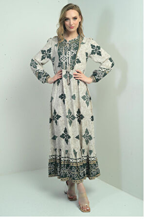 Kadın Yaka Bağcıklı Etnik Desenli Uzun Tesettür Elbise