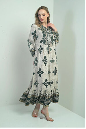 Kadın Yaka Bağcıklı Etnik Desenli Uzun Tesettür Elbise