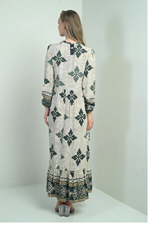 Kadın Yaka Bağcıklı Etnik Desenli Uzun Tesettür Elbise