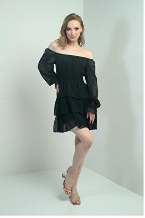 Kadın Madonna Yaka  Beli Ve Kol Uçları Gipeli Astarlı Üç Kat Kısa Şifon Elbise