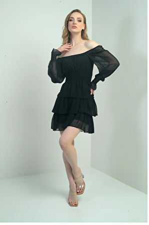 Kadın Madonna Yaka  Beli Ve Kol Uçları Gipeli Astarlı Üç Kat Kısa Şifon Elbise