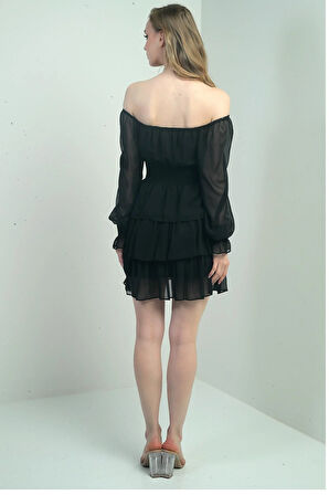 Kadın Madonna Yaka  Beli Ve Kol Uçları Gipeli Astarlı Üç Kat Kısa Şifon Elbise