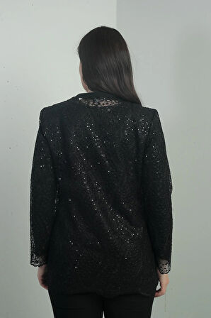 Kadın Uzun Kollu Bluz Pul İşlemeli Dantel Ceket Büyük Beden 2'li Takım