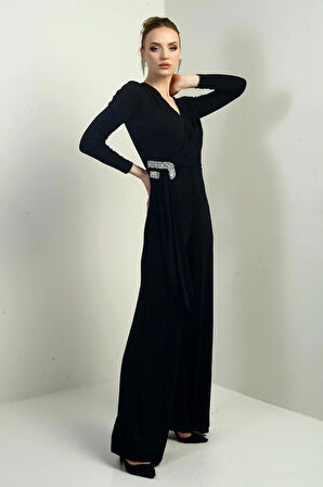 Kadın Kruvaze Yaka Bel Taş Detaylı Uzun Kollu Bol Paça Likralı Tulum