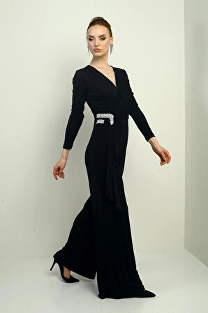 Kadın Kruvaze Yaka Bel Taş Detaylı Uzun Kollu Bol Paça Likralı Tulum