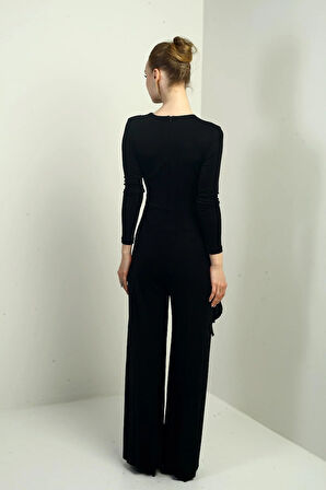 Kadın Kruvaze Yaka Bel Taş Detaylı Uzun Kollu Bol Paça Likralı Tulum