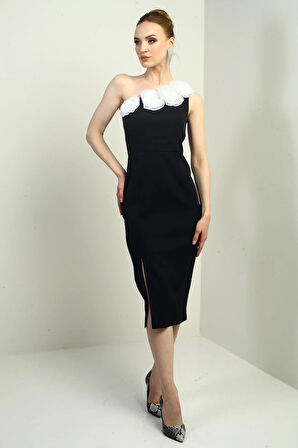 Kadın Tek Omuzlu Çiçek Detaylı Yaka Önü Yırtmaçlı Krep Midi Elbise