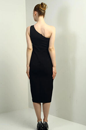 Kadın Tek Omuzlu Çiçek Detaylı Yaka Önü Yırtmaçlı Krep Midi Elbise