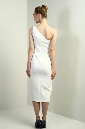 Kadın Tek Omuzlu Çiçek Detaylı Yaka Önü Yırtmaçlı Krep Midi Elbise