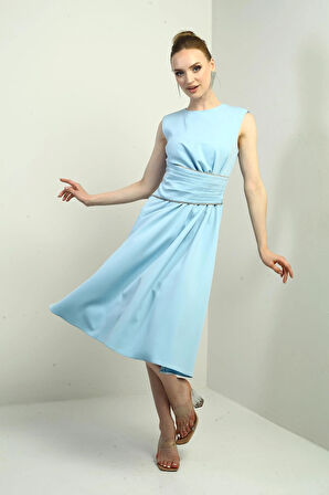 Kadın Beli Taş Detaylı Drapeli Kloş Midi Krep Elbise