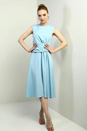 Kadın Beli Taş Detaylı Drapeli Kloş Midi Krep Elbise