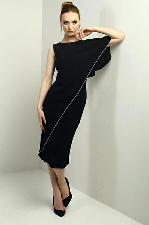 Kadın Tek Volan Kollu Taş Detaylı Astarlı Midi Krep Elbise