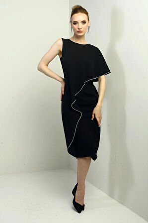 Kadın Tek Volan Kollu Taş Detaylı Astarlı Midi Krep Elbise