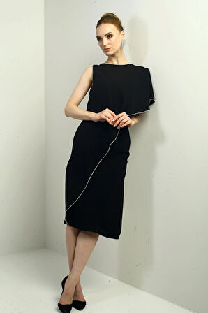 Kadın Tek Volan Kollu Taş Detaylı Astarlı Midi Krep Elbise