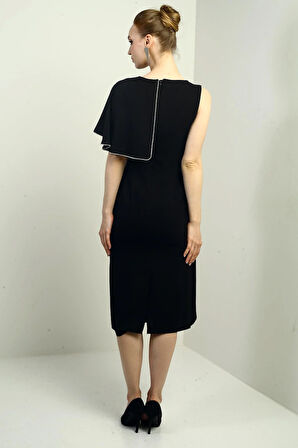 Kadın Tek Volan Kollu Taş Detaylı Astarlı Midi Krep Elbise