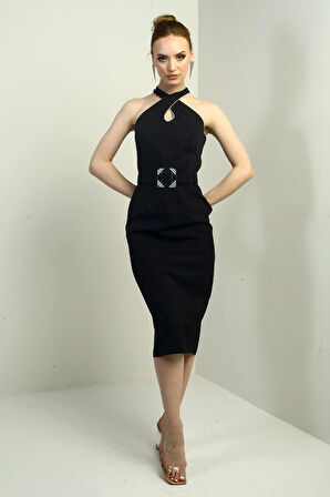 Kadın Taşlı Çapraz Yaka Beli Kemerli Midi Krep Elbise