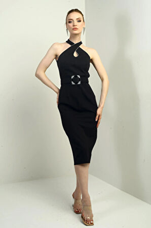 Kadın Taşlı Çapraz Yaka Beli Kemerli Midi Krep Elbise