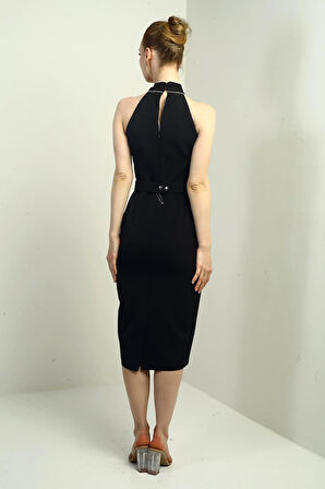 Kadın Taşlı Çapraz Yaka Beli Kemerli Midi Krep Elbise