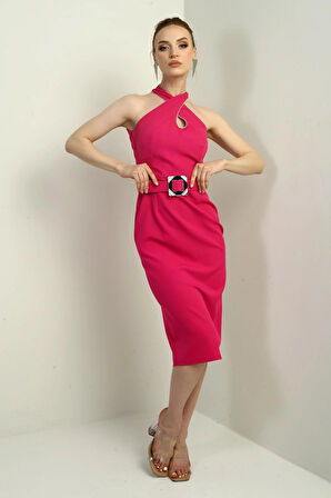 Kadın Taşlı Çapraz Yaka Beli Kemerli Midi Krep Elbise