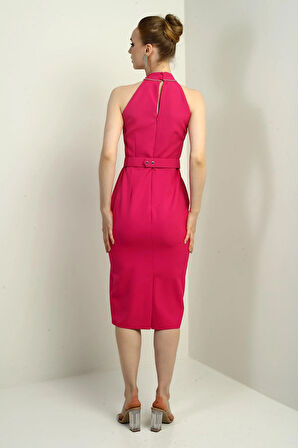 Kadın Taşlı Çapraz Yaka Beli Kemerli Midi Krep Elbise