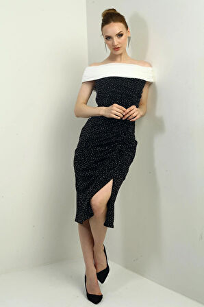 Kadın Straplez Şifon Yaka Taş Detaylı Astarlı Likralı Büzgülü Midi Elbise