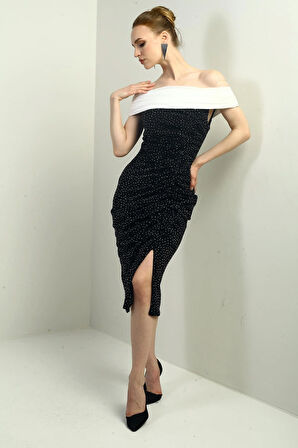 Kadın Straplez Şifon Yaka Taş Detaylı Astarlı Likralı Büzgülü Midi Elbise