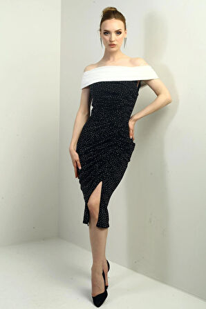 Kadın Straplez Şifon Yaka Taş Detaylı Astarlı Likralı Büzgülü Midi Elbise