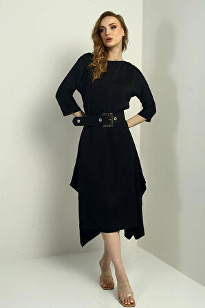 Kadın Çeyrek Kollu Beli Kemerli Asimetrik Krep Saten Midi Elbise