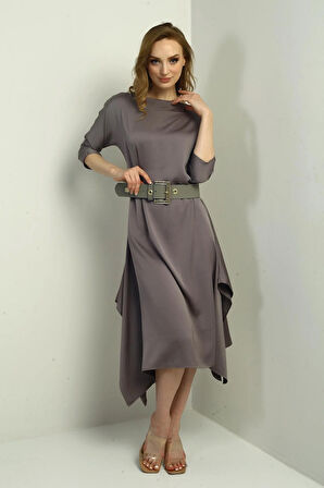 Kadın Çeyrek Kollu Beli Kemerli Asimetrik Krep Saten Midi Elbise