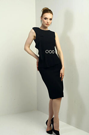 Kadın Yuvarlak Yaka Volanlı Beli Kemerli Krep Midi Elbise