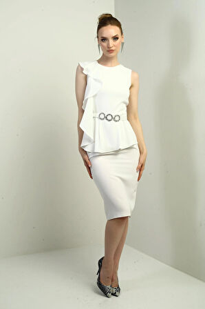 Kadın Yuvarlak Yaka Volanlı Beli Kemerli Krep Midi Elbise