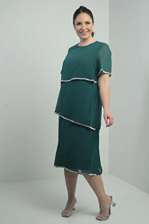 Kadın Taş Detaylı Astarlı Kısa Kollu 3 Kat Şifon Büyük Beden Elbise