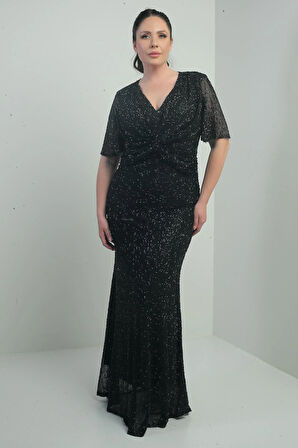 Kadın V Yaka Astarlı Önü Düğüm Detaylı Boru Boncuk İşlemeli Büyük Beden Uzun Elbise