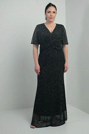 Kadın V Yaka Astarlı Önü Düğüm Detaylı Boru Boncuk İşlemeli Büyük Beden Uzun Elbise