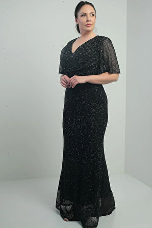 Kadın V Yaka Astarlı Önü Düğüm Detaylı Boru Boncuk İşlemeli Büyük Beden Uzun Elbise