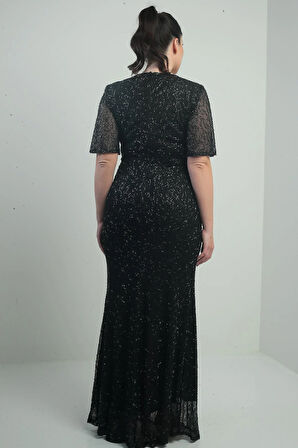 Kadın V Yaka Astarlı Önü Düğüm Detaylı Boru Boncuk İşlemeli Büyük Beden Uzun Elbise