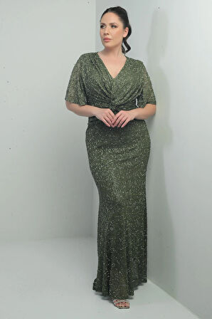 Kadın V Yaka Astarlı Önü Düğüm Detaylı Boru Boncuk İşlemeli Büyük Beden Uzun Elbise