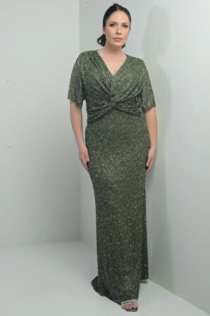 Kadın V Yaka Astarlı Önü Düğüm Detaylı Boru Boncuk İşlemeli Büyük Beden Uzun Elbise