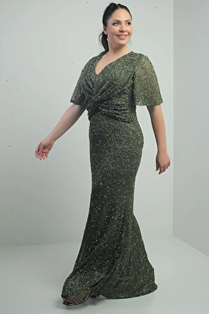 Kadın V Yaka Astarlı Önü Düğüm Detaylı Boru Boncuk İşlemeli Büyük Beden Uzun Elbise