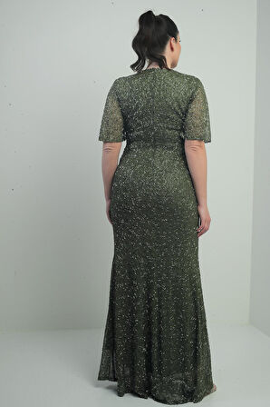 Kadın V Yaka Astarlı Önü Düğüm Detaylı Boru Boncuk İşlemeli Büyük Beden Uzun Elbise