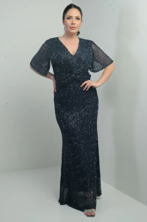 Kadın V Yaka Astarlı Önü Düğüm Detaylı Boru Boncuk İşlemeli Büyük Beden Uzun Elbise