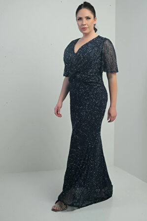 Kadın V Yaka Astarlı Önü Düğüm Detaylı Boru Boncuk İşlemeli Büyük Beden Uzun Elbise