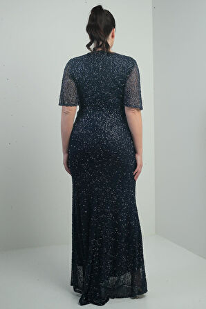 Kadın V Yaka Astarlı Önü Düğüm Detaylı Boru Boncuk İşlemeli Büyük Beden Uzun Elbise