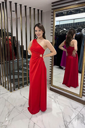 Kadın Tek Omuz Yan Pencere Detaylı Uzun Krep Saten Elbise